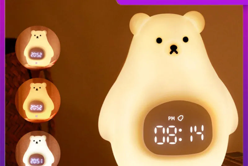 White silicone bear-shaped night light with colour-changing lights and a remote control.