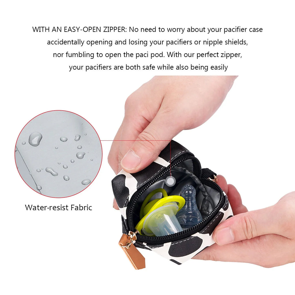 Baby pacifier holder case with PU leather outer and nylon lining, 10cm diameter, holds 2 pacifiers