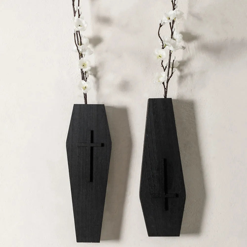 Wooden wall shelf with cross vase decoration in one of three colour options