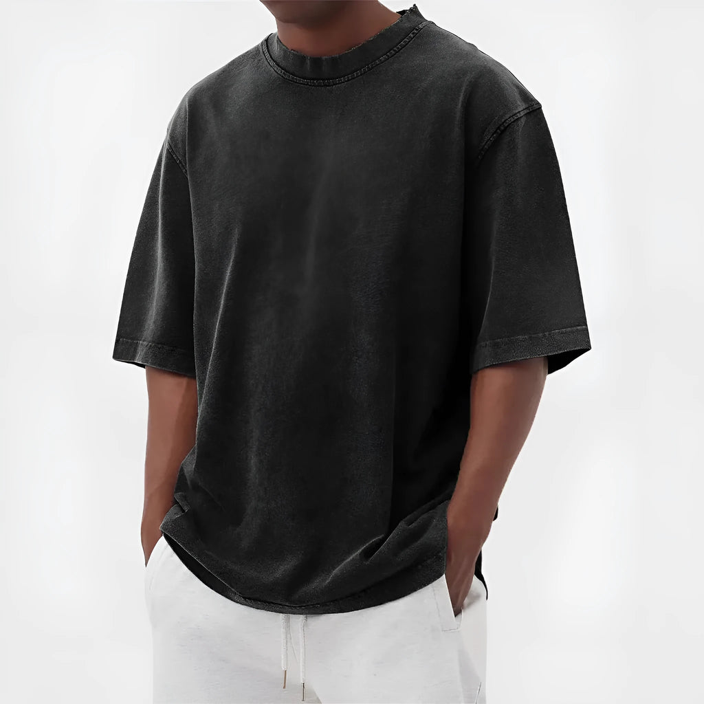 Men's stone-washed polyester pullover t-shirt in army green colour with loose fit design