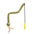 Green snake design cat teasing stick with long pole and colourful feather attachments