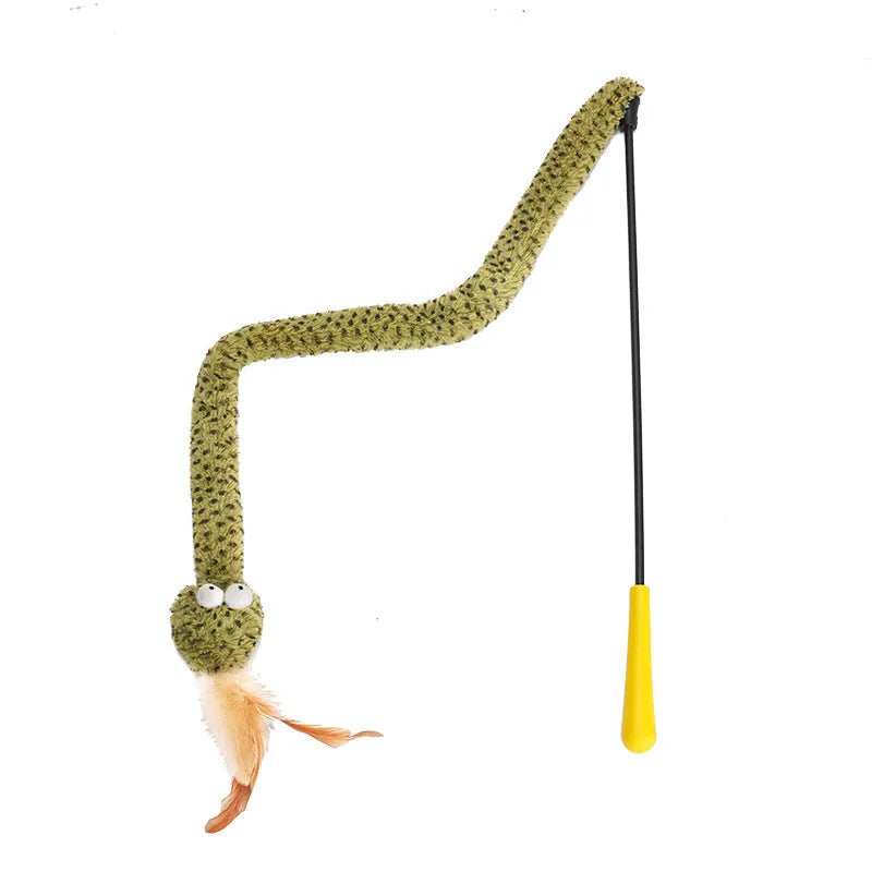 Green snake design cat teasing stick with long pole and colourful feather attachments
