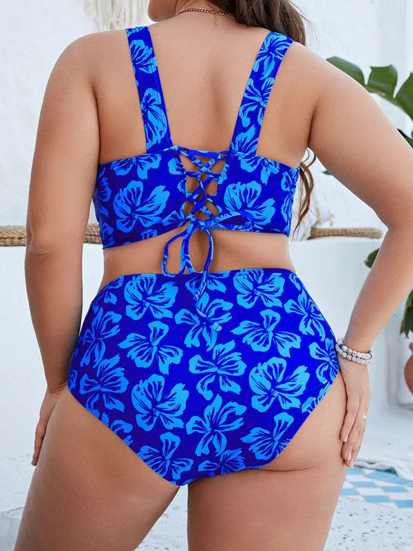 Blue floral print women's plus-size bikini swimsuit in polyester fabric for outdoor swimming