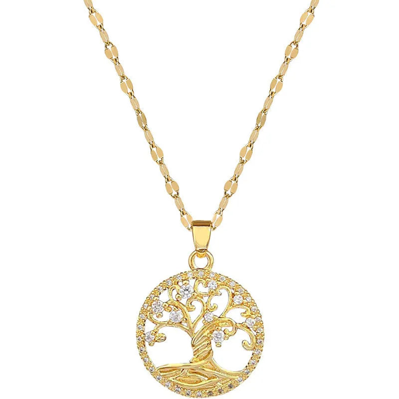 Gold-plated necklace with mother-of-pearl pendant inlaid with rhinestones and zircon on an adjustable chain