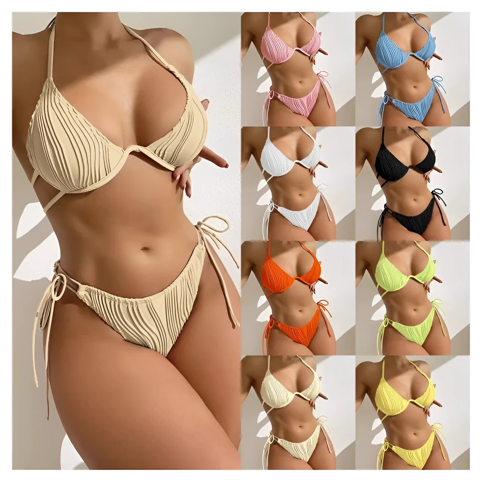 Women's black bikini swimsuit with a silver steel bracket detail on the top.