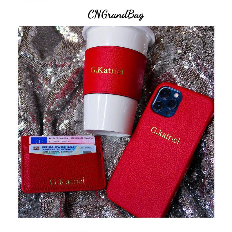Genuine leather iPhone case gift set with matching keychain and card holder in a selected colour