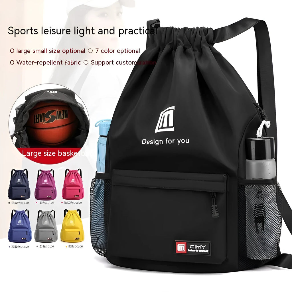 Unisex foldable Oxford drawstring backpack in multiple colours, showing large main compartment and shoulder straps.