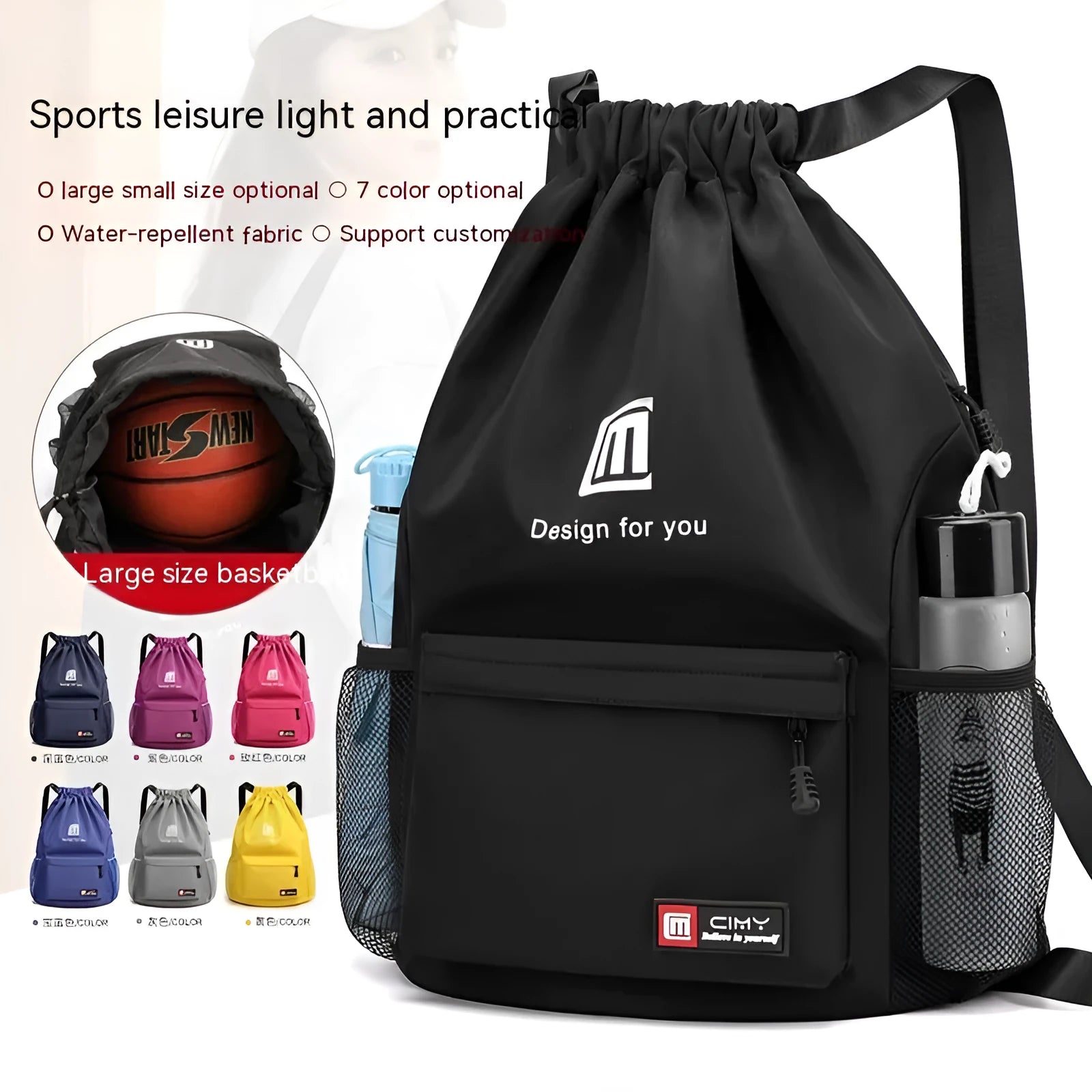 Unisex foldable Oxford drawstring backpack in multiple colours, showing large main compartment and shoulder straps.