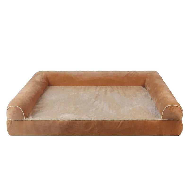 Blue sponge square dog bed for large breeds on a wooden floor