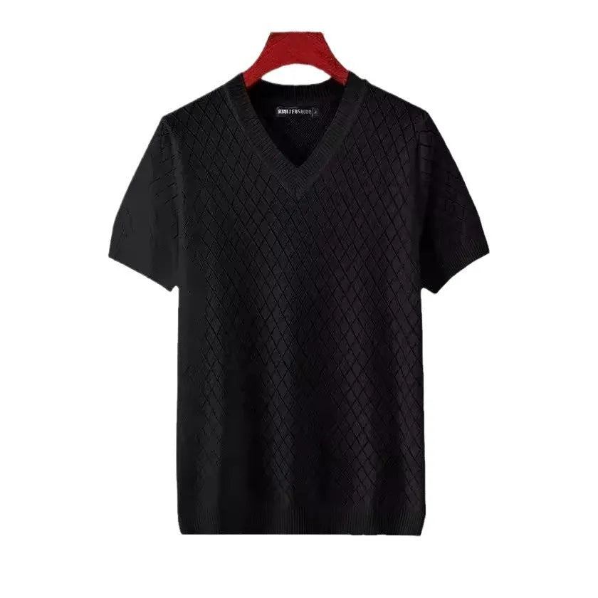 Men's Korean style ice silk T-shirt top with cut-out short sleeves in black or white colour options