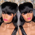 Black synthetic Brazilian wig with straight bangs and long back length.
