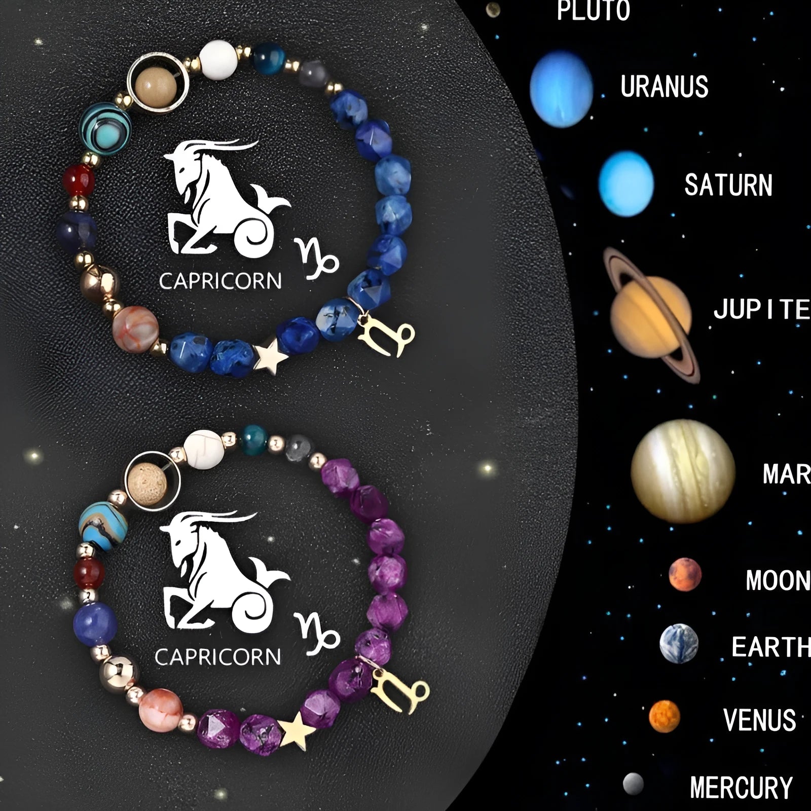 Set of two natural stone beaded bracelets with detailed silver Zodiac charm pendants on a wooden background.