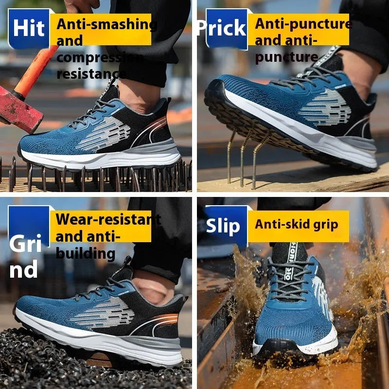 Blue men's lightweight work shoes with mesh upper, plastic safety toe, and lace-up closure on a non-slip PU sole.