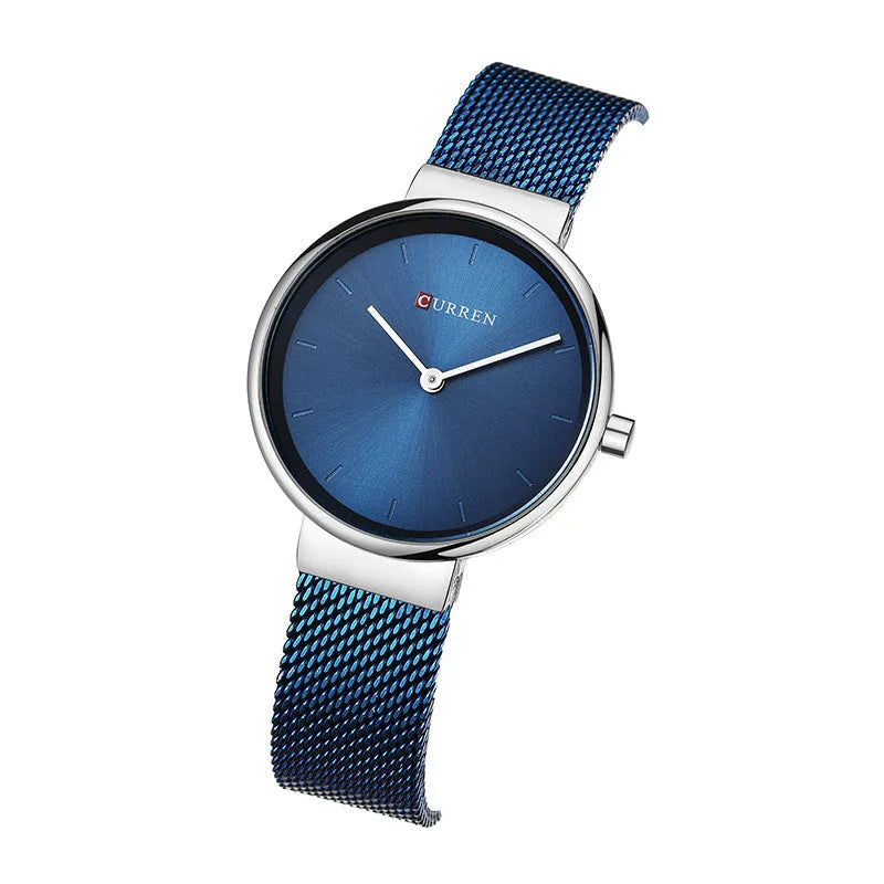 Women's quartz watch with stainless steel mesh belt and 7.8mm thin case, available in silver, gold or rose gold tone