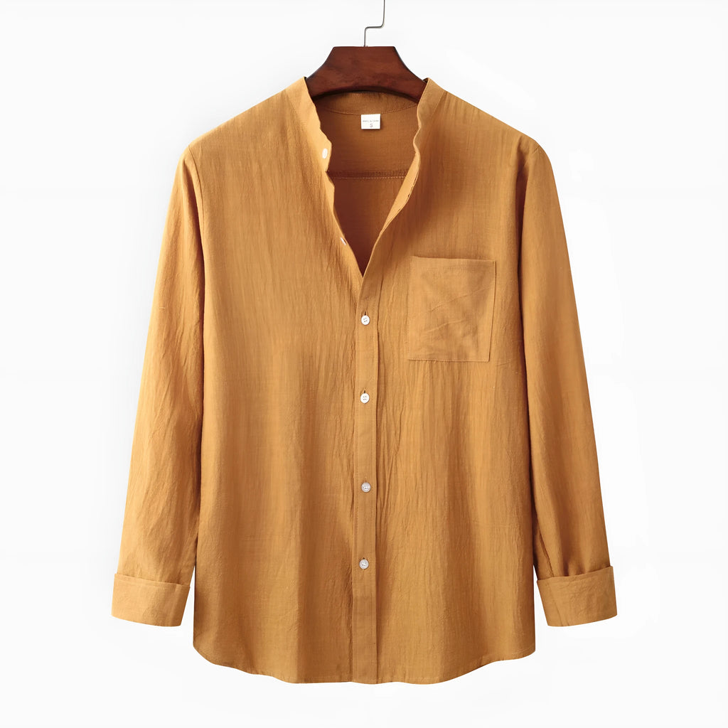 Men's slim fit cotton blend long sleeve shirt in brown colour showing front view
