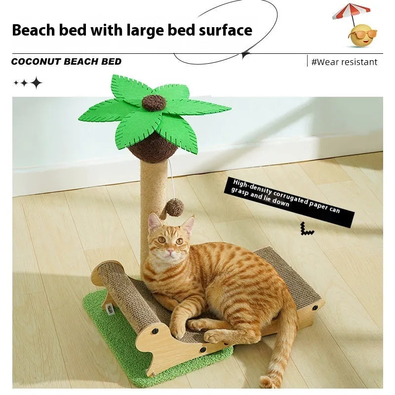 Wooden beach chair style cat bed with integrated scratch board and hemp mat surface