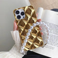 iPhone case with a connected chain bracelet and flash diamond lock on a TPU case with a plated rhombus pattern