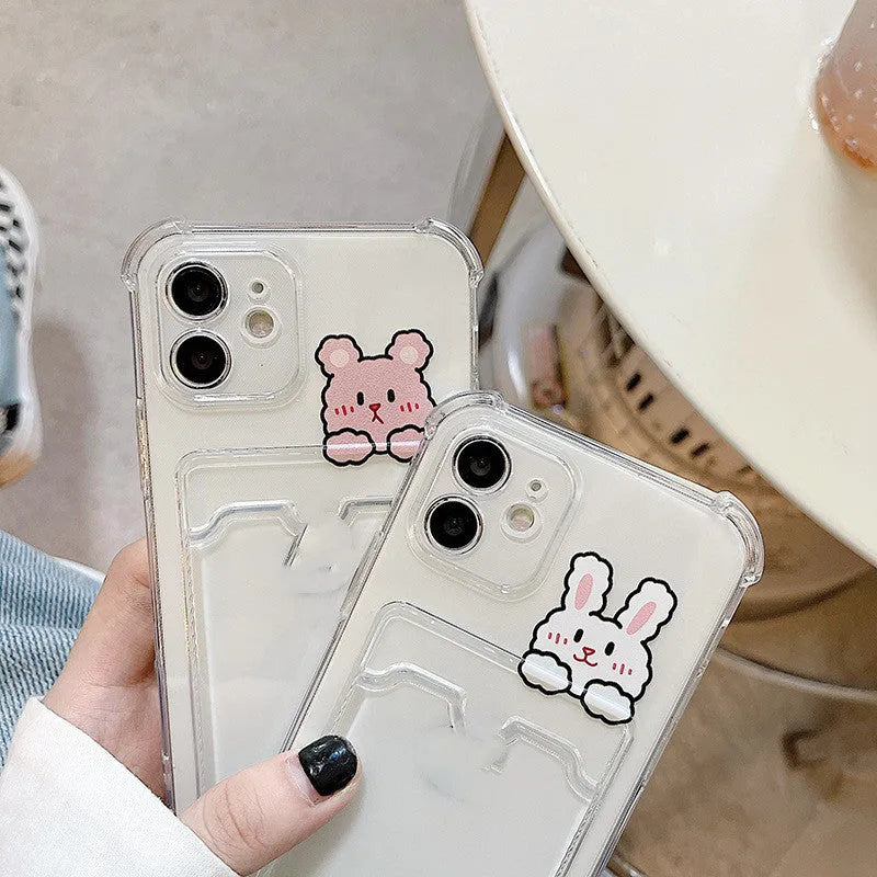 Transparent cartoon-style iPhone case with card slots on the back, for models from iPhone 6 to iPhone 13 Pro Max.