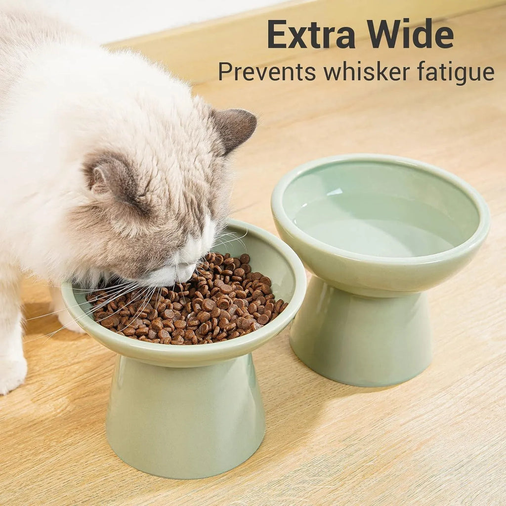 Extra wide elevated ceramic cat food and water bowl set in blue, green, pink, or white