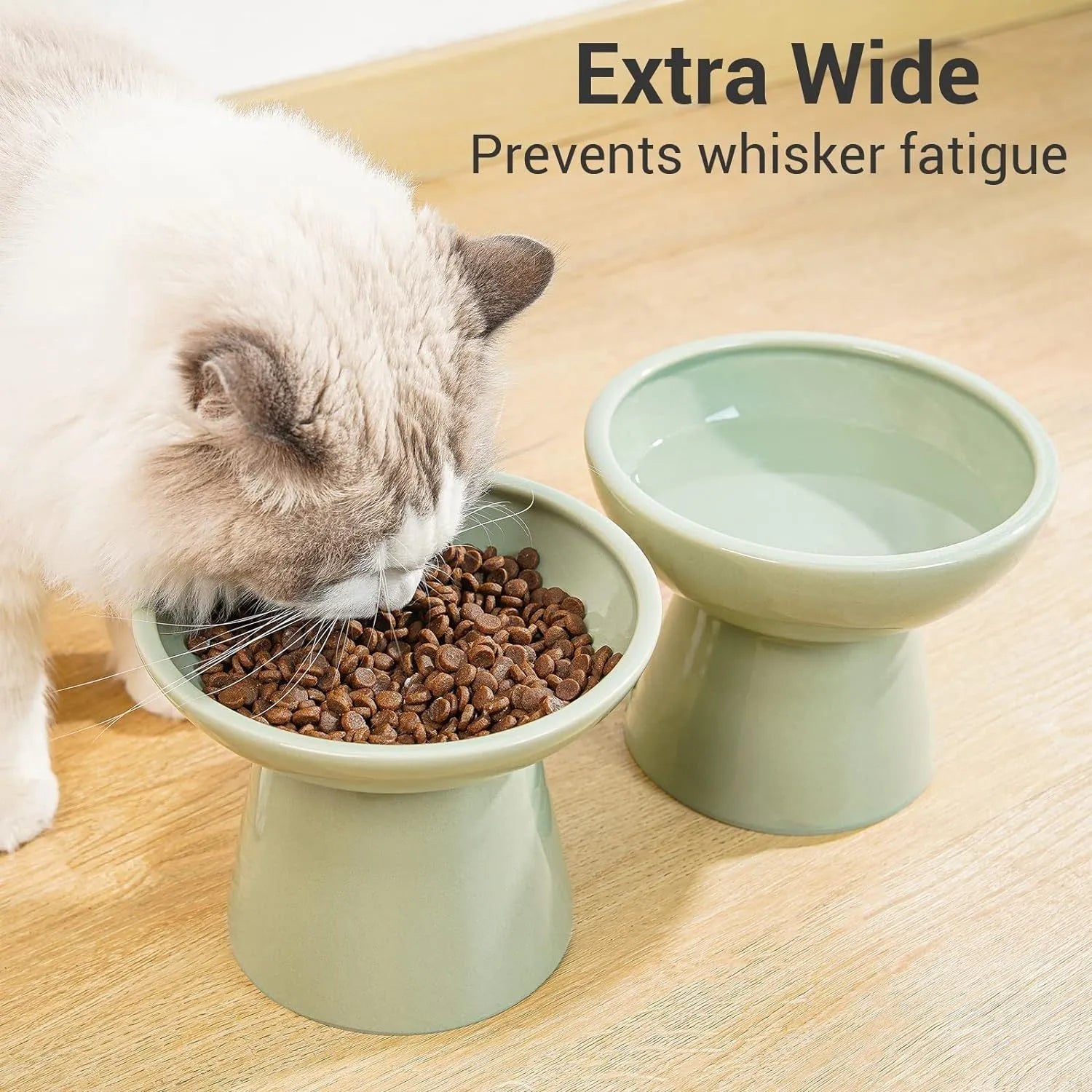 Extra wide elevated ceramic cat food and water bowl set in blue, green, pink, or white