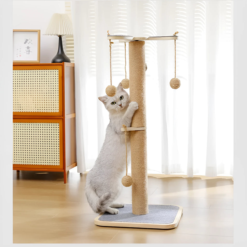 Pine wood cat climbing frame with scratch-resistant hanging ball and carpet leather surfaces