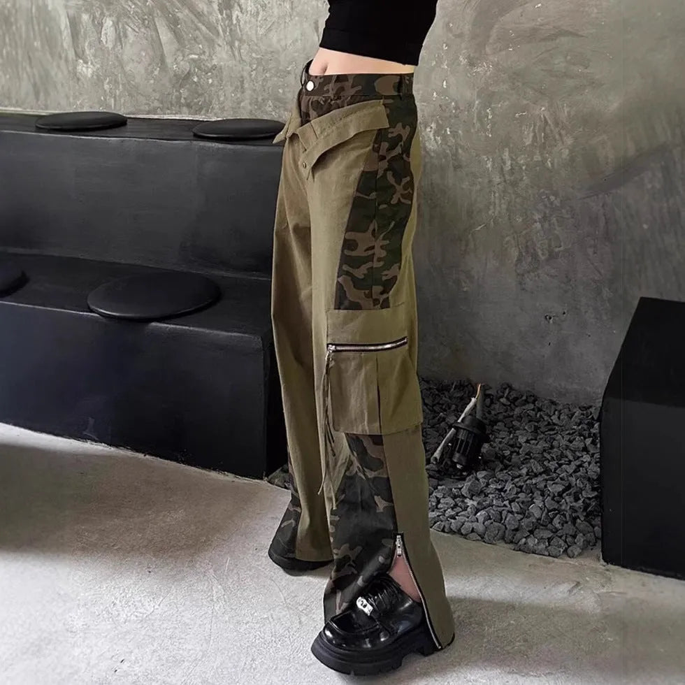 Dark khaki leopard print high waist jeans with fake stitching detail and straight leg cut