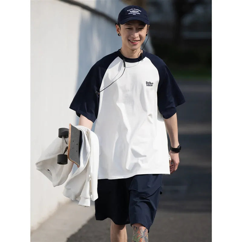 Men's Japanese junior raglan sleeve t-shirt in blue, green and grey colours