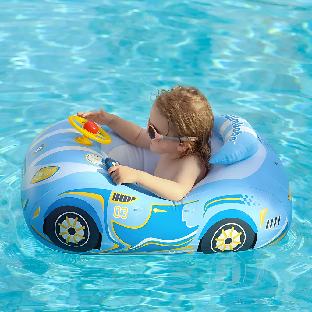 Inflatable car steering wheel swimming ring for children with cartoon pattern and PVC construction