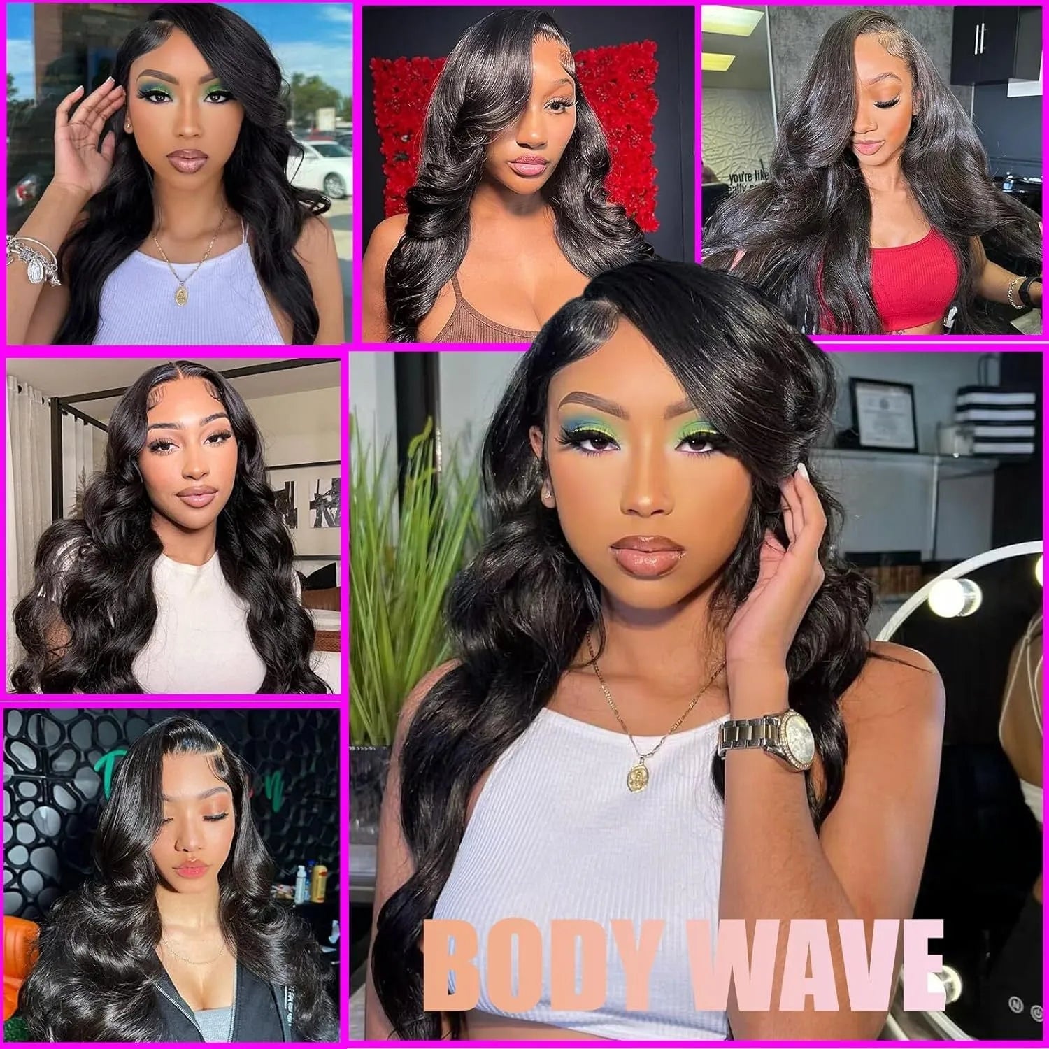 Black medium-length synthetic wig with natural wave curls on display stand