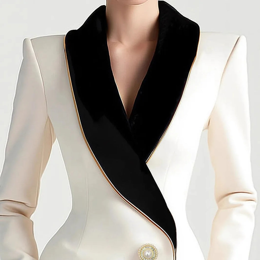 Women's milky white beige coat with pearl buttons and golden edge trim on TR fabric