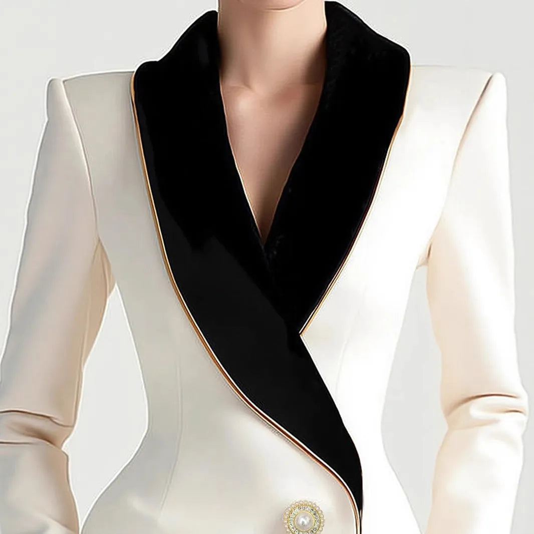 Women's milky white beige coat with pearl buttons and golden edge trim on TR fabric