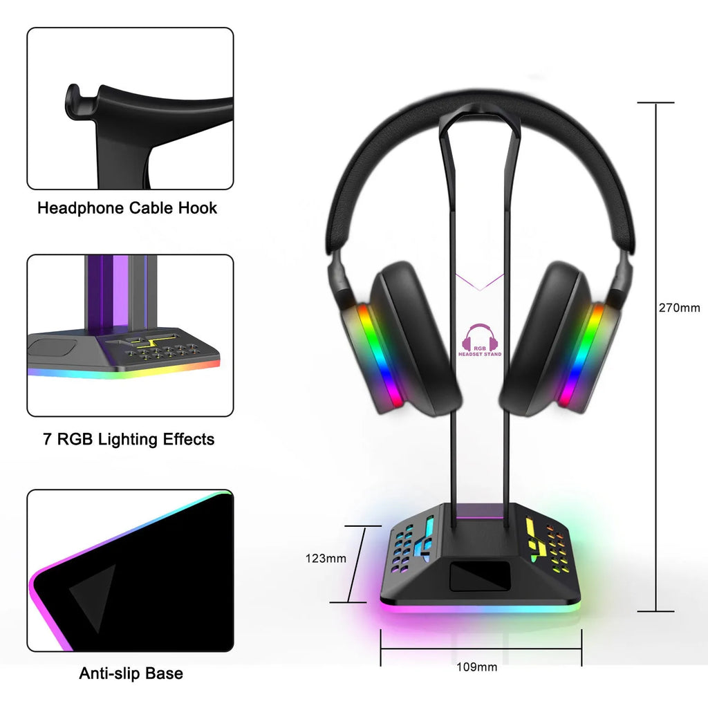 RGB headphone display stand with colour changing lights and dual USB ports in acrylic construction
