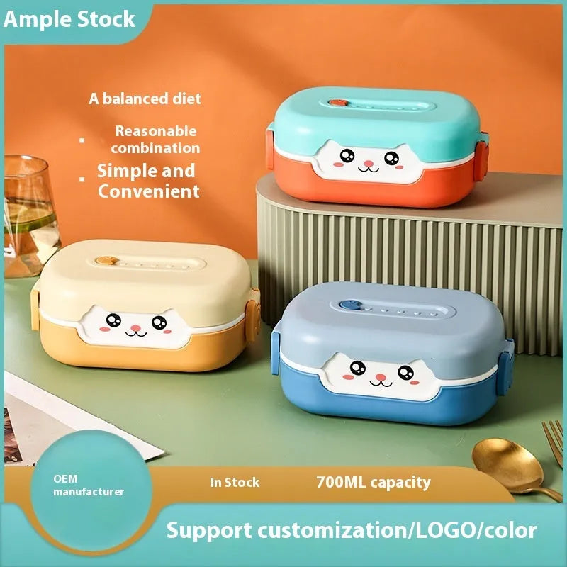 Square plastic lunch box with divided compartments in dark blue, orange yellow or pink and green colours