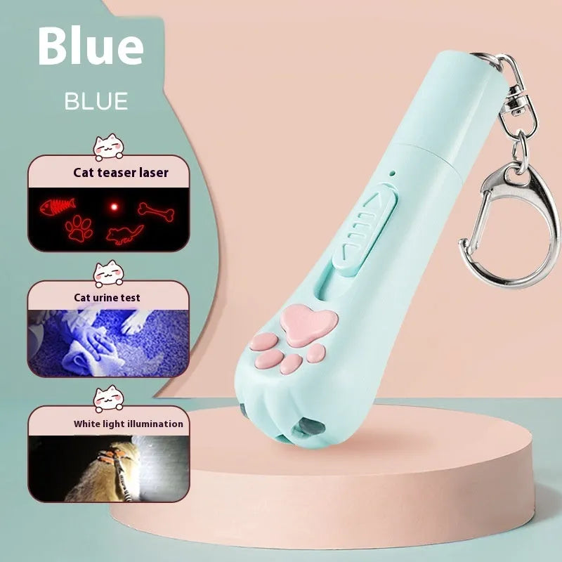 USB rechargeable cat teaser wand with LED lights in pink, cream, or sky blue