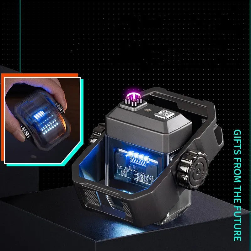 Blue windproof double arc electric lighter with a spinning mechanical gyroscope, showing folded and open positions.