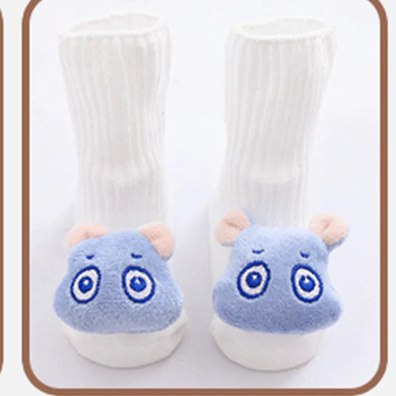 Cotton baby floor socks with anti-slip soles in animal designs for infants and toddlers