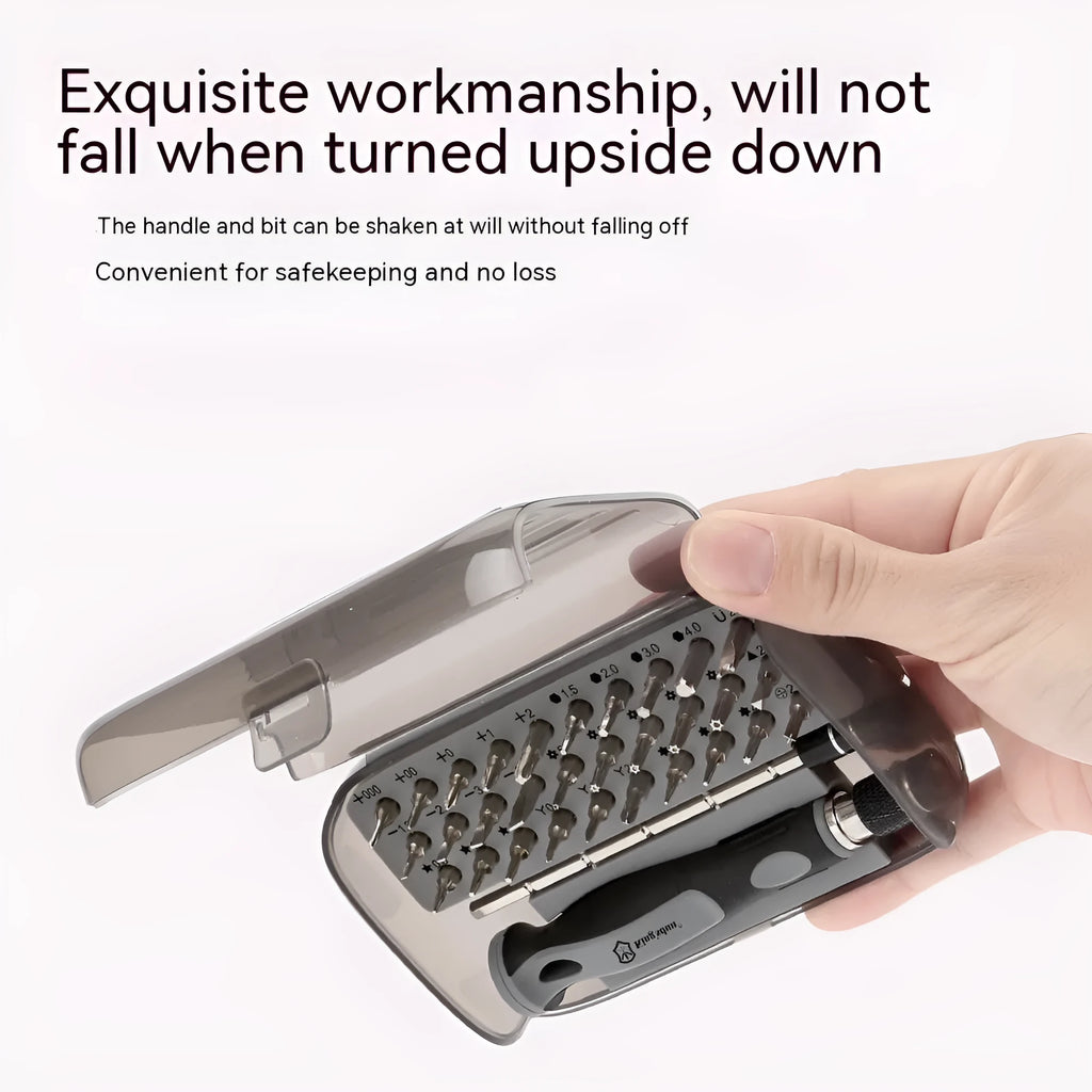 32-in-1 screwdriver repair tool set with 30 bits in black PP plastic case