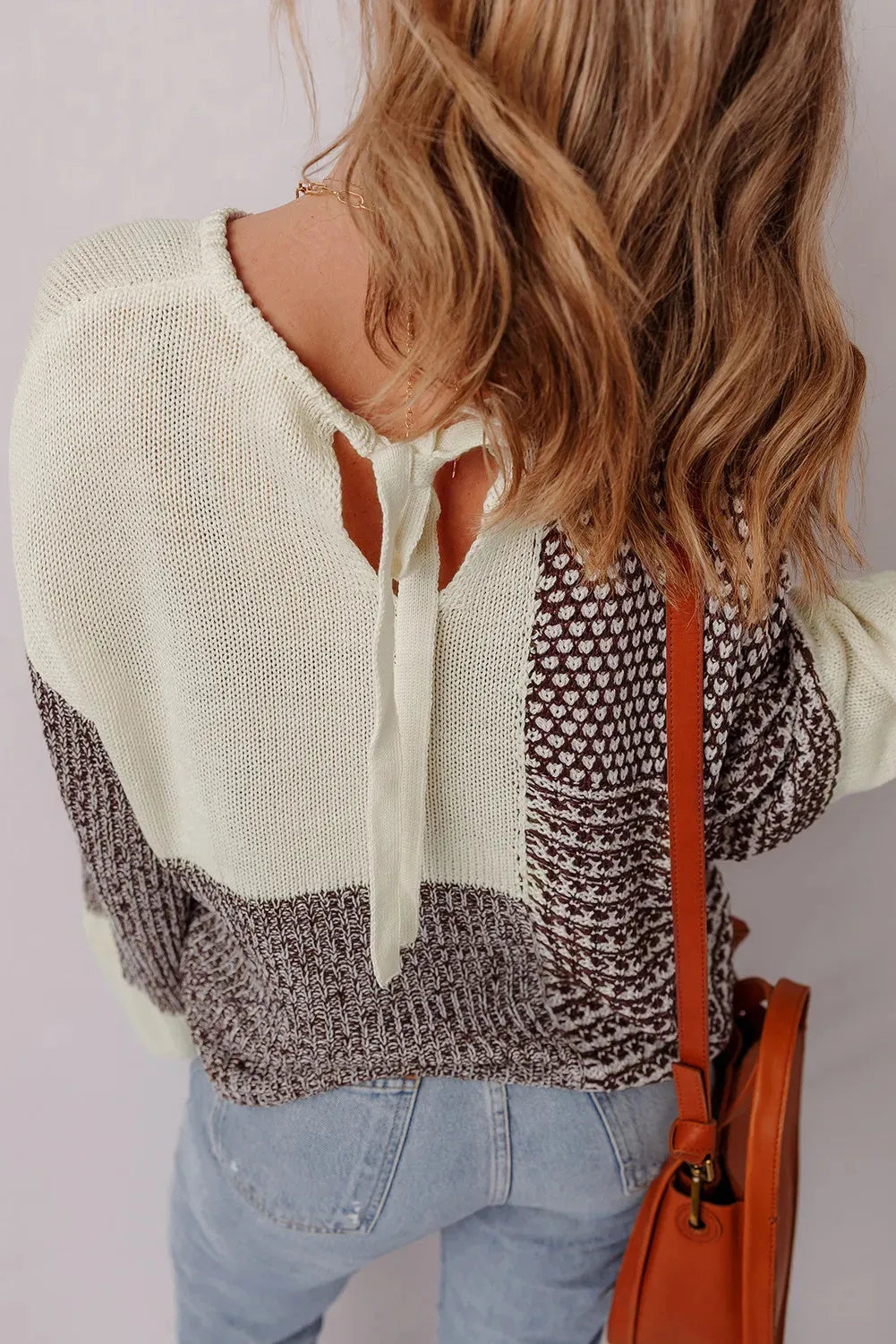 Dark khaki colour block drop shoulder loose sweater with a back tie detail.