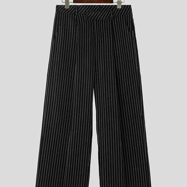 Black men's casual trousers with vertical stripes and front pleats, made from a soft rabbit hair and bamboo fibre blend.