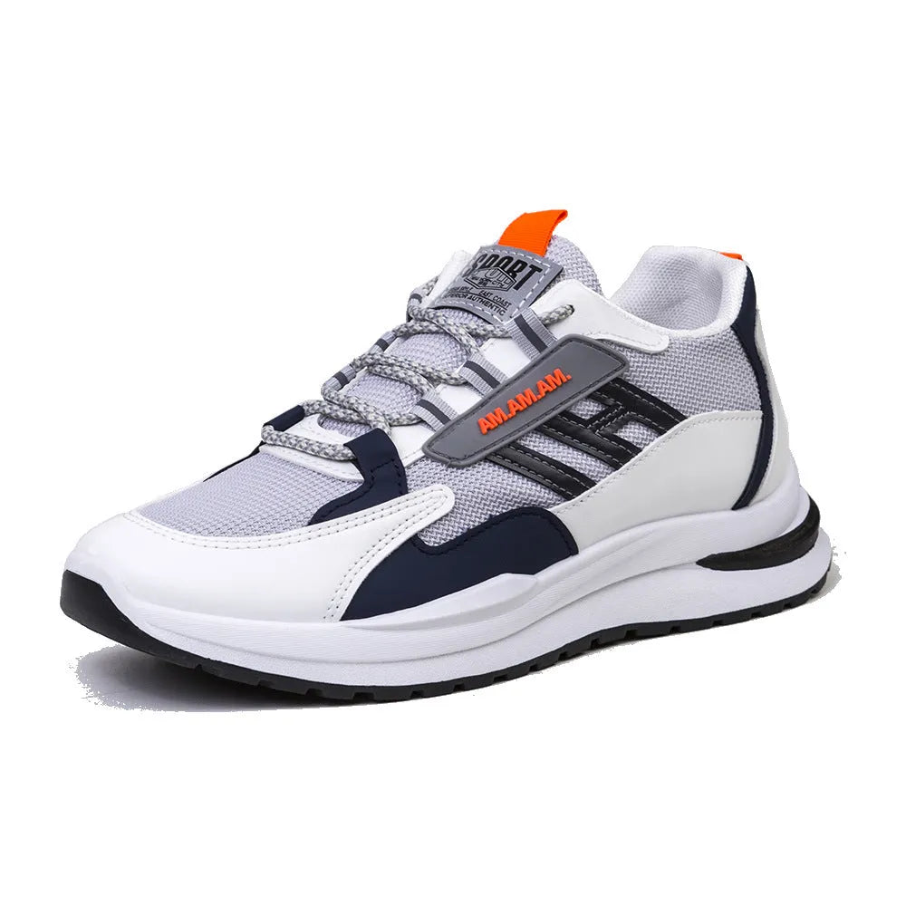 Men's sports sneakers in light grey or black with PU and mesh upper, front tie fastening, plastic sole, sizes 39-44