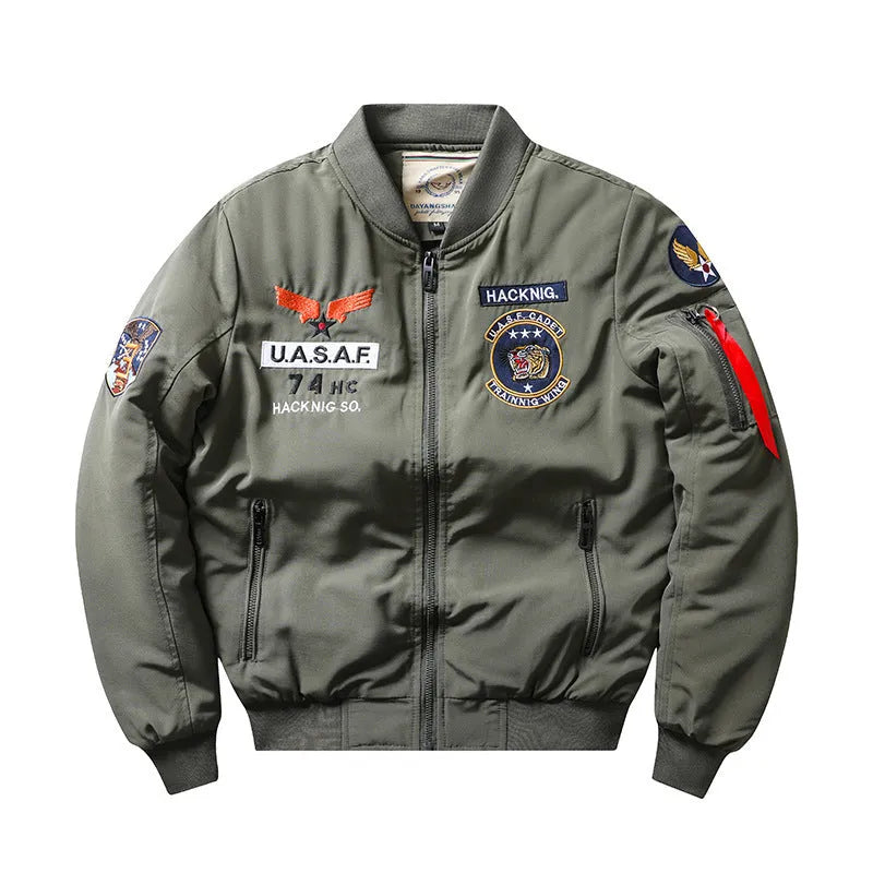 Men's slim-fit black retro embroidery motorcycle coat with a stand collar and patch pockets.