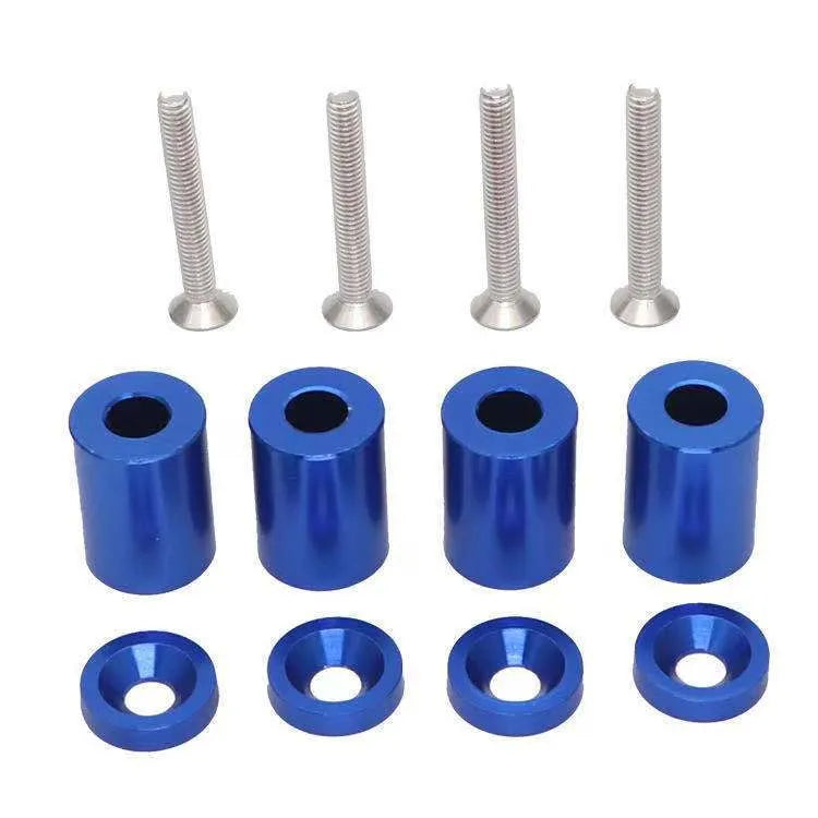Aluminium alloy car machine cover spacer kit with screws, nuts, washers in black, blue, and red colours
