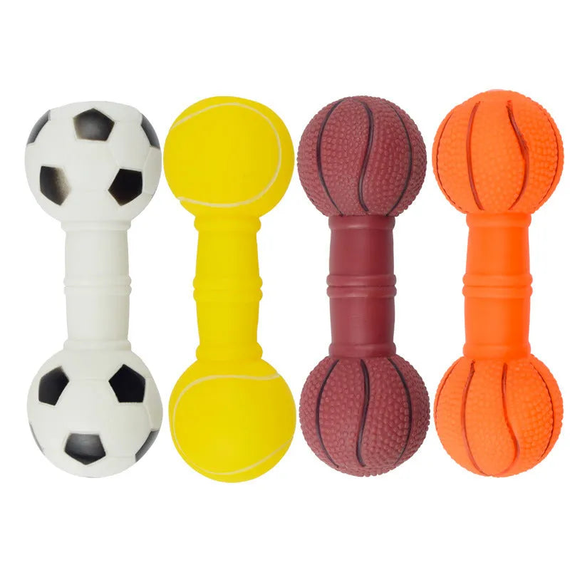 Brown, orange, white and yellow PVC football dumbbell dog toy with squeaker.