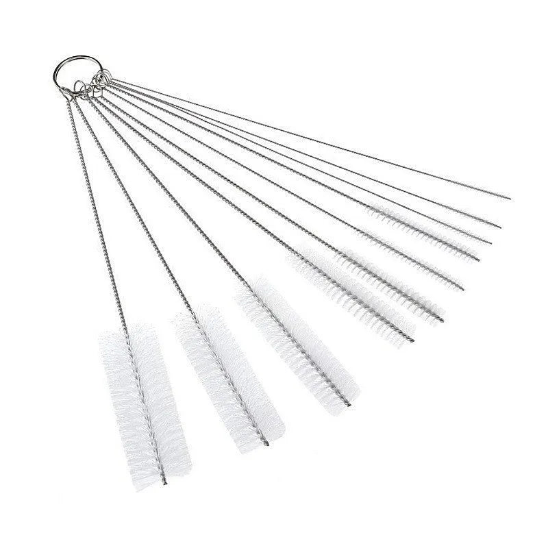 Nylon straw cleaning brush set with stainless steel handles and nylon bristles, 8 to 12 piece packs, white or black options.