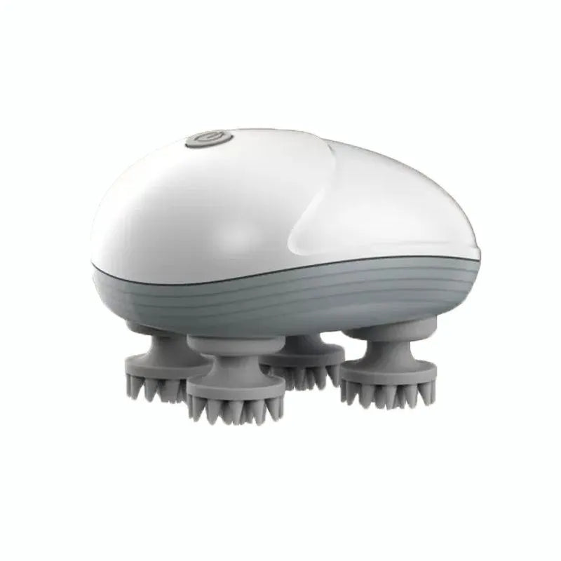 Blue handheld electric pet massager with four rotating heads on a white background.
