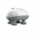 Blue handheld electric pet massager with four rotating heads on a white background.