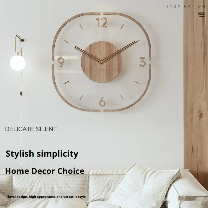 Square transparent wall clock with a wooden frame on a plain wall, showing modern design