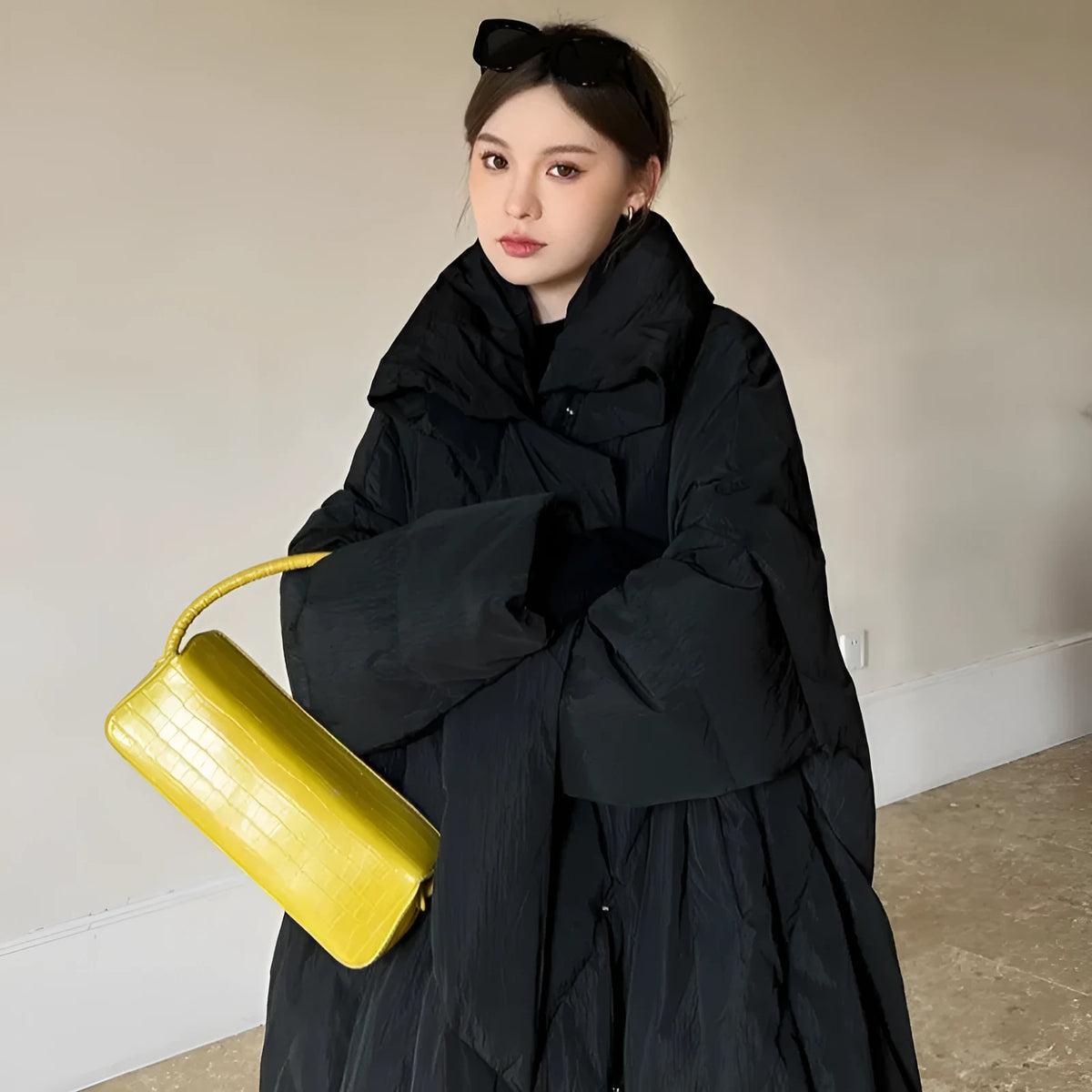 Women's mid-length winter coat in black or grey, loose Korean style zip jacket with conventional sleeves