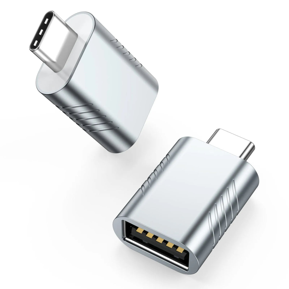 USB-C to USB-A adapter with metallic zinc alloy shell in various colour finishes.