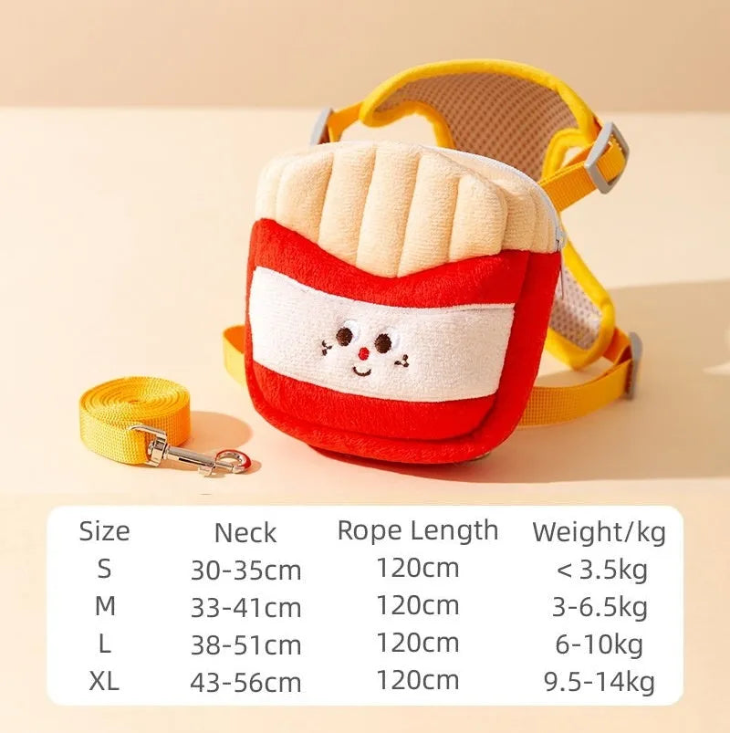Cartoon hamburger chips design adjustable pet walking vest with escape proof construction